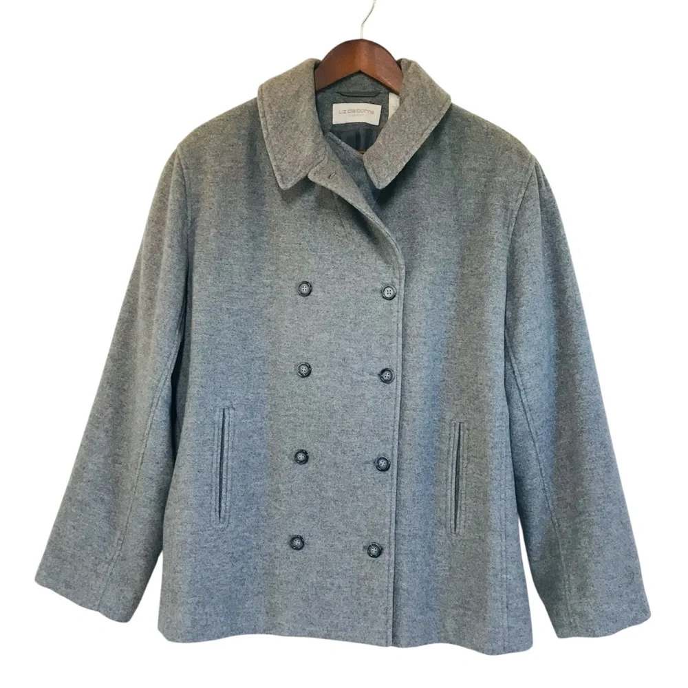 LIZ CLAIBORNE Gray Wool Cashmere Peacoat Jacket Size XL Double Breasted Winter